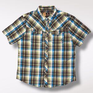 Browning Western Plaid Snap Button Shirt Green Blue Brown Short Sleeve Medium